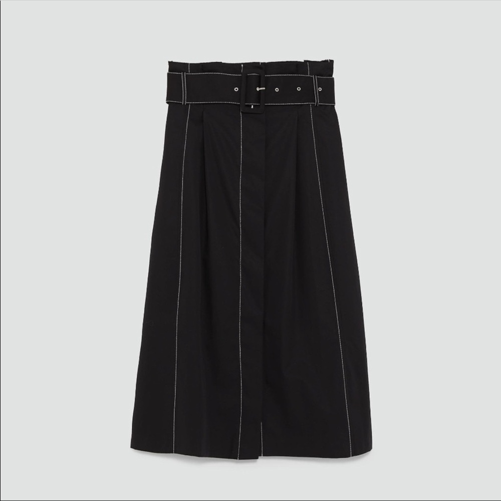 Zara Women Black Belt Midi Skirt Contrasting Top Stitching Size XL